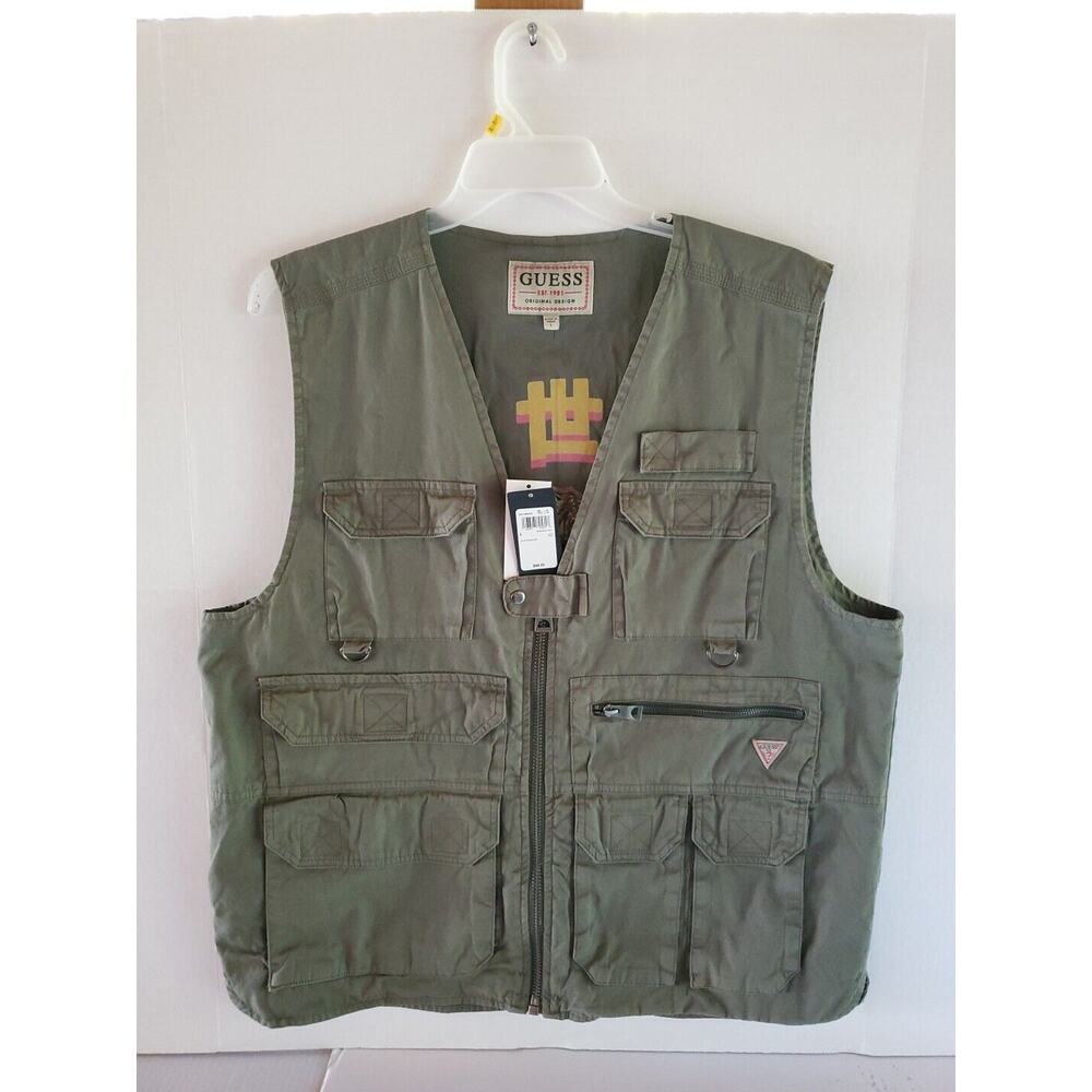 NWT GUESS Men's Large Green Moss Internationale Utility Poplin Vest Jacket